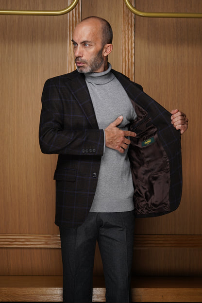 Veste en Pure Laine à Carreaux Discrets – Noir Ébène & Bleu Nuit VGH104